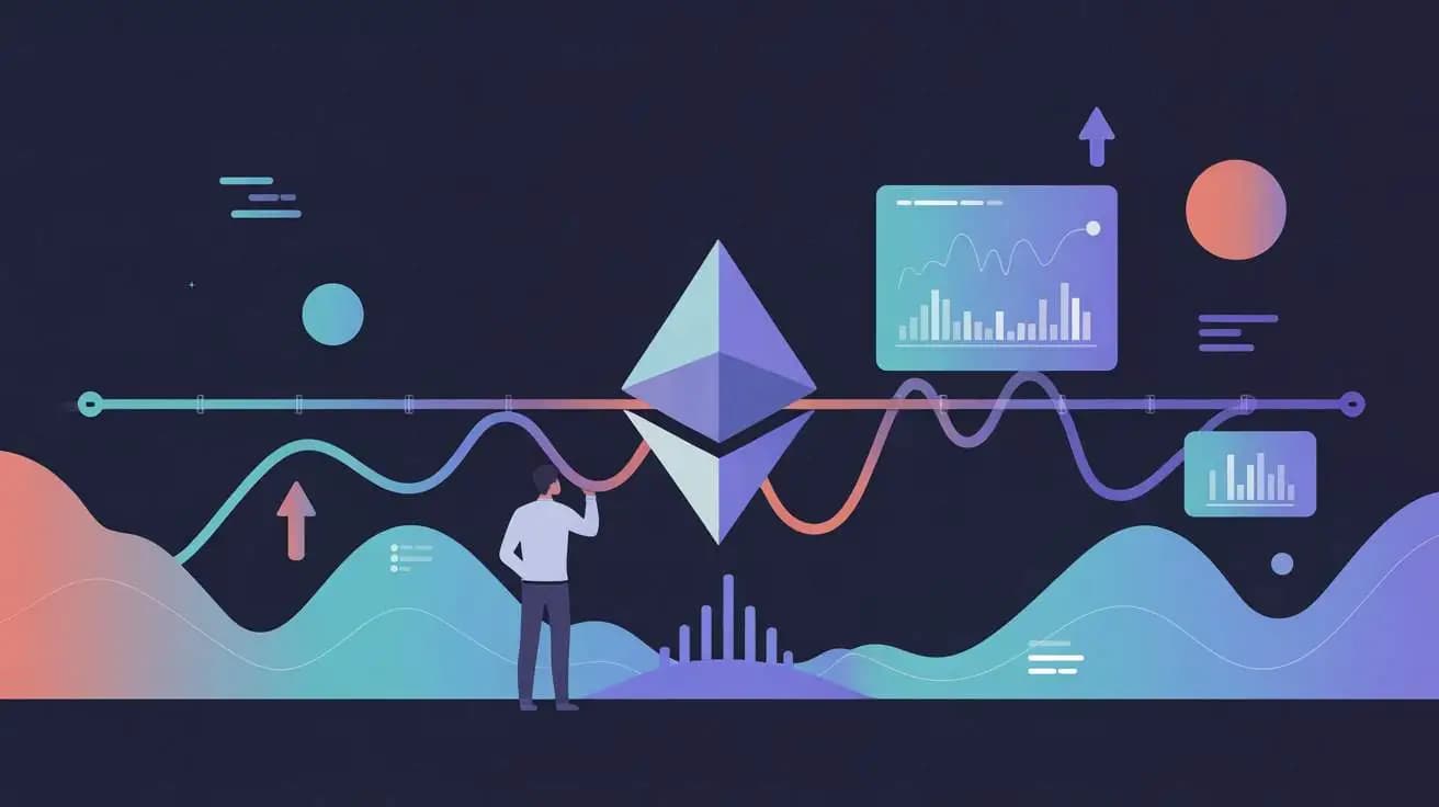 Ethereum price analysis illustration showing a trader observing the ETH diamond symbol at a key resistance line with trading charts and wave patterns representing market tension between breakout and consolidation
