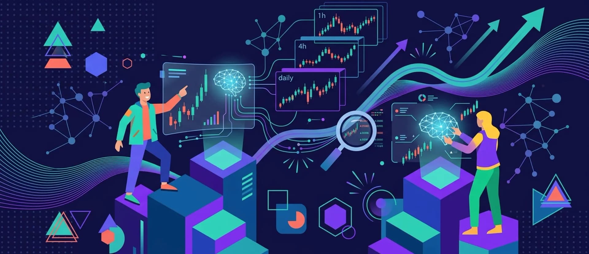 A trader reviewing AI-generated cryptocurrency market analysis on a screen, with candlestick charts and orderbook data visible.