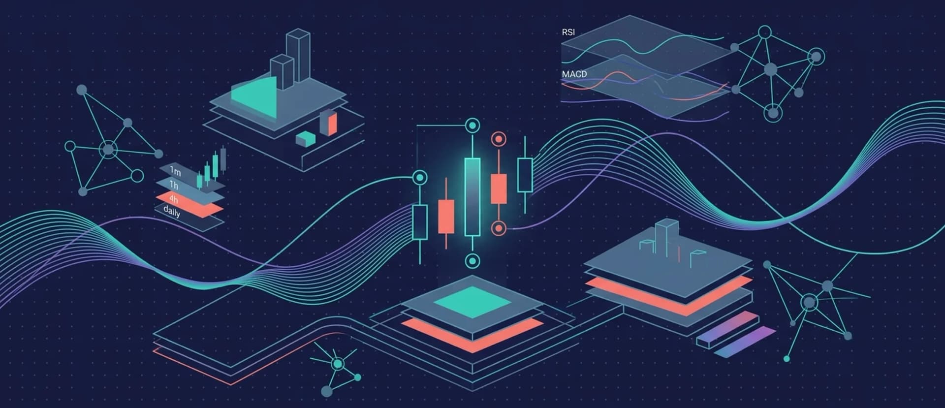 A cryptocurrency trading chart showing colourful OHLCV candlesticks with RSI and MACD indicators on a dark screen.