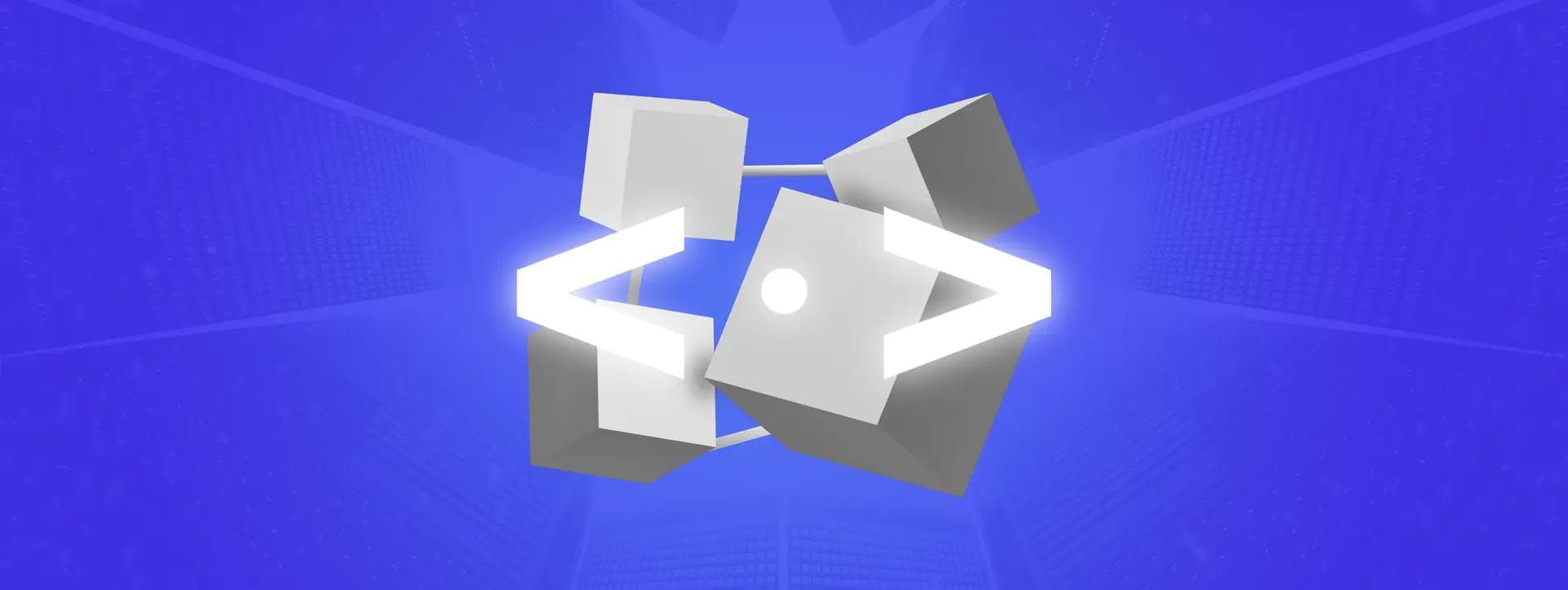 Formes géométriques abstraites en 3D représentant l’architecture système et l’intégration du trading bot crypto automatisé de Cryptohopper