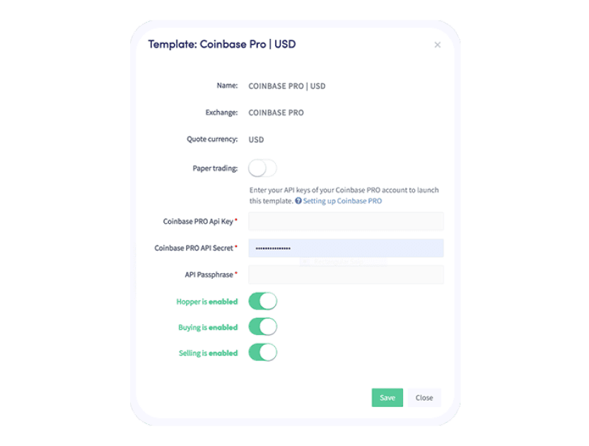 A picture showing a bot template for Coinbase.