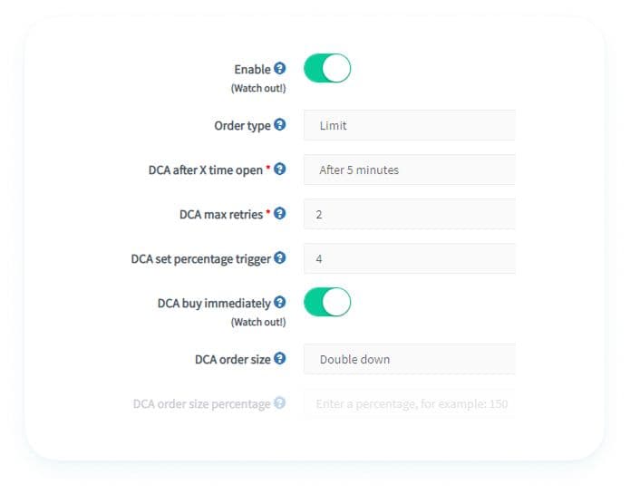 Dollar Cost Averaging settings