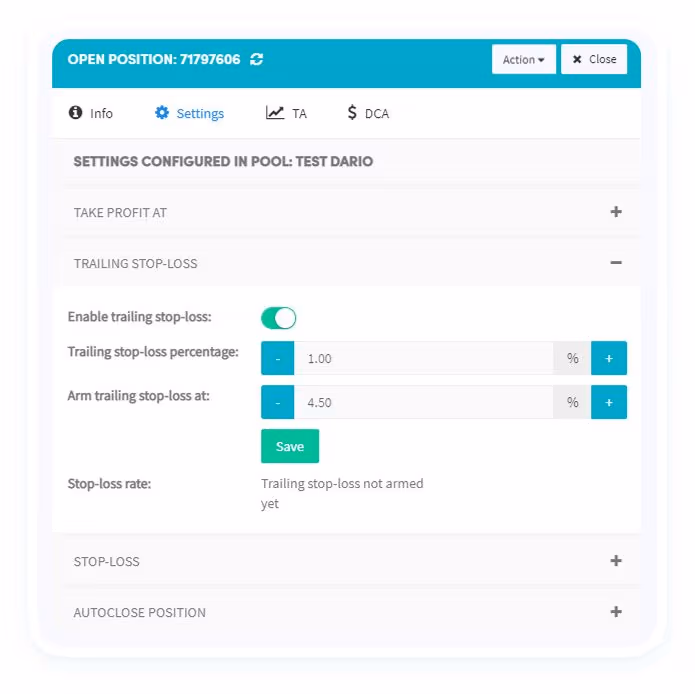 Ajustes de stop dinámico de pérdida Cryptohopper posiciones abiertas