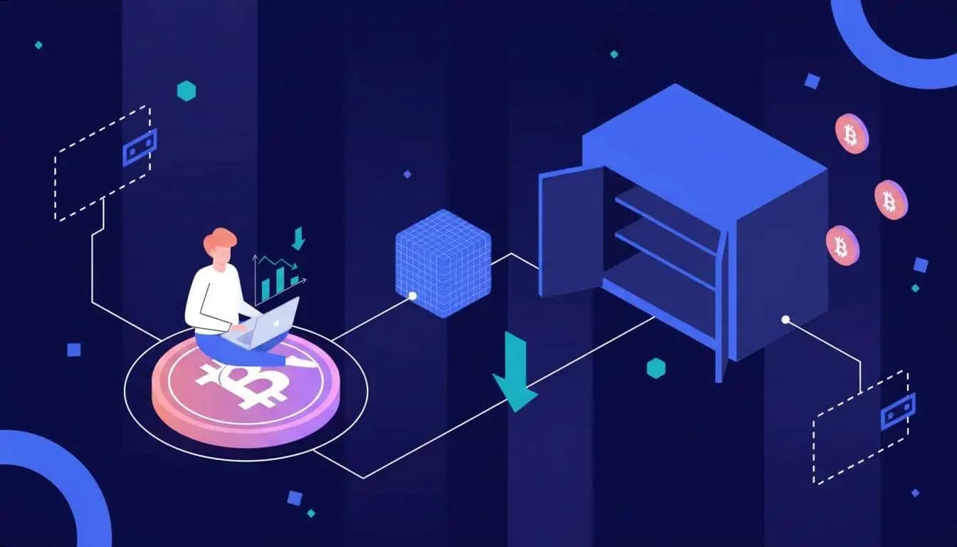 Illustratie van een persoon die op een Bitcoin-logo werkt aan een laptop, verbonden via een blockchain-netwerk met een digitale kluis en zwevende Bitcoin-munten – Bitcoin Supply on Crypto Exchanges Hits Lowest Level Since 2019